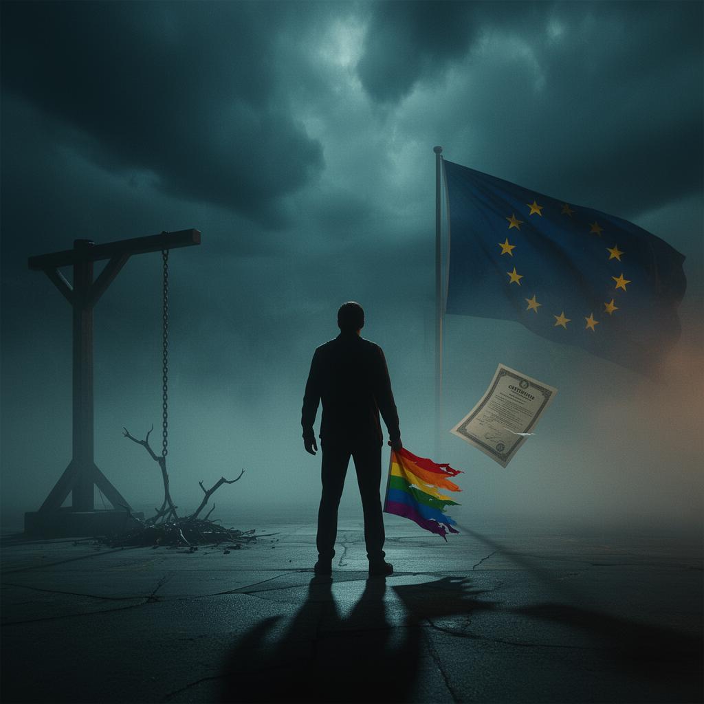 LGBTİ+ iltica şehir efsanesi — darağacı, AB bayrağı, yırtık gökkuşağı ve sahte belge